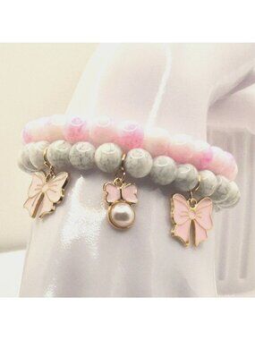 Pink Bow Bracelet Stack, Coquette Bracelet, Girly Charm Bracelet, Cute Beaded